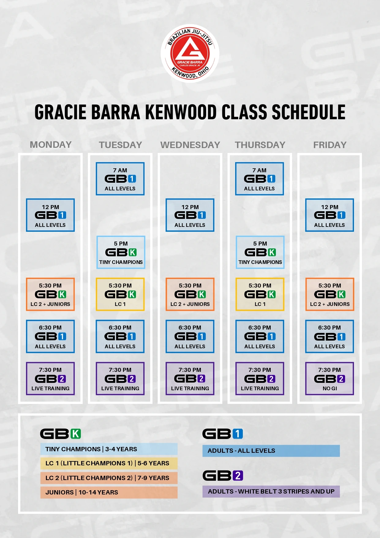 Gracie Barra Kenwood weekly class schedule